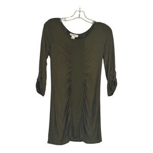 Kenar Olive Green Tunic Ruched Front 3/4 Sleeve Knit Top Medium Adj Tab Sleeve‎